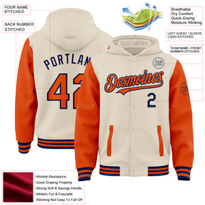 Custom Cream Orange-Navy Bomber Full-Snap Varsity Letterman Two Tone Hoodie Jacket