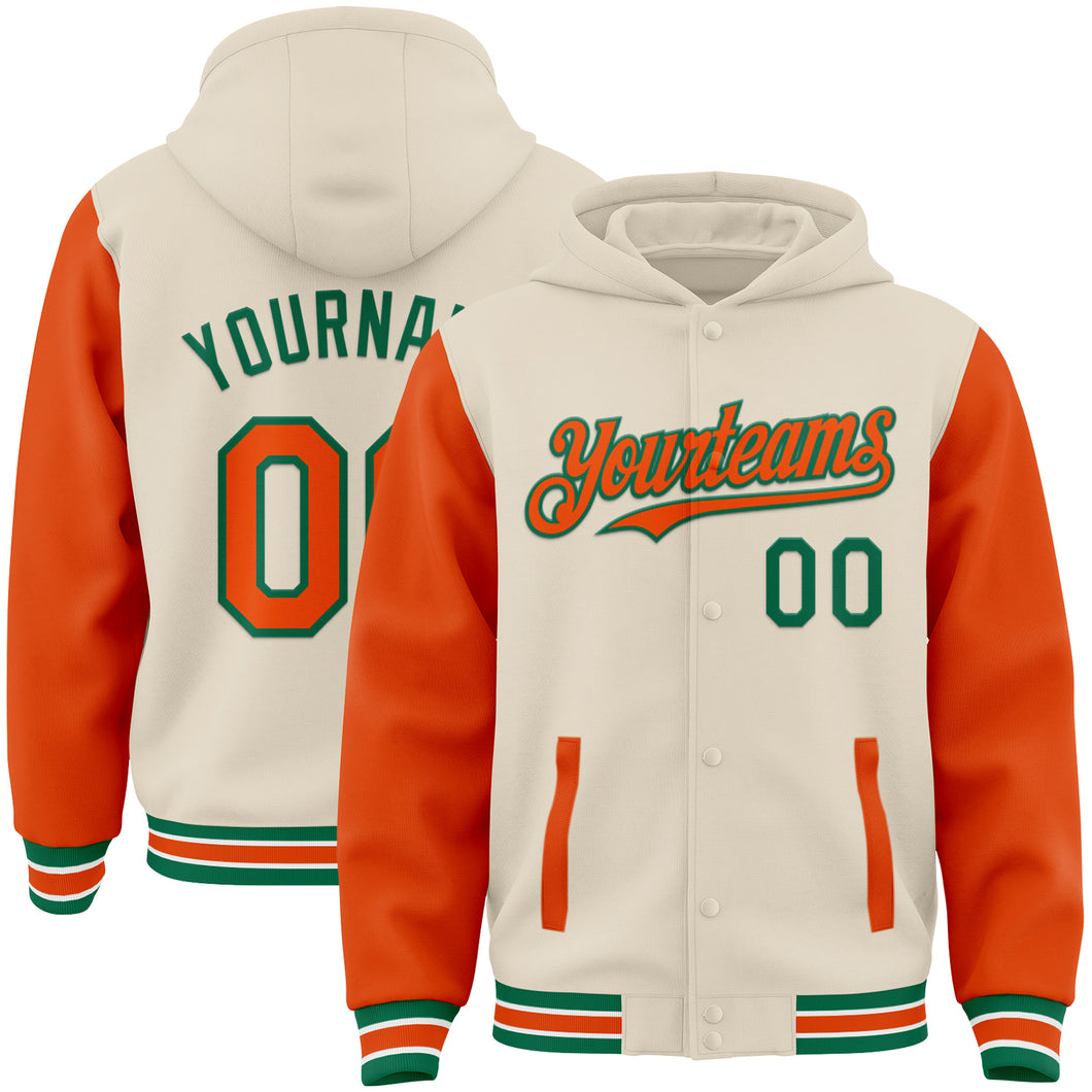 Custom Cream Orange Kelly Green-White Bomber Full-Snap Varsity Letterman Two Tone Hoodie Jacket