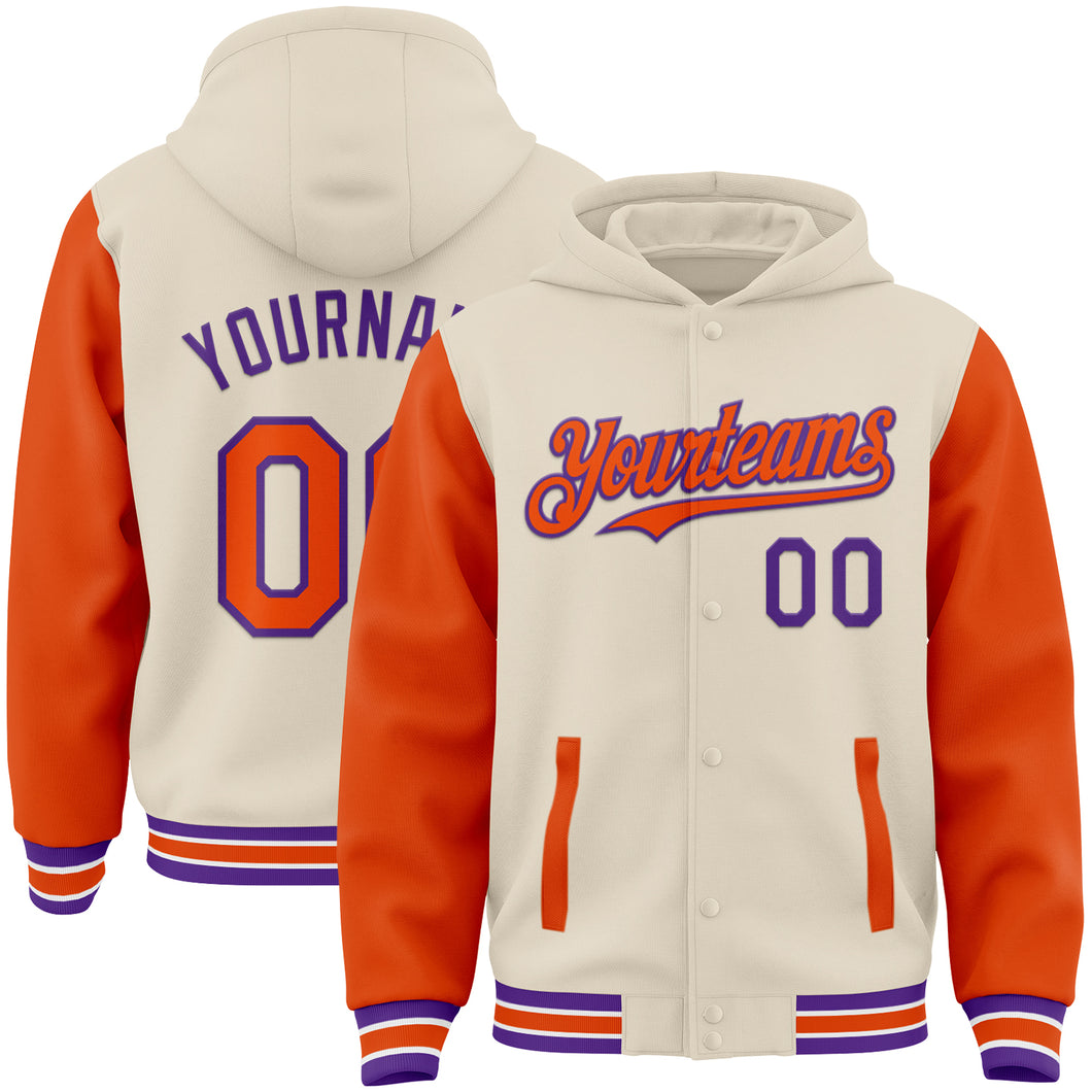 Custom Cream Orange Purple-White Bomber Full-Snap Varsity Letterman Two Tone Hoodie Jacket