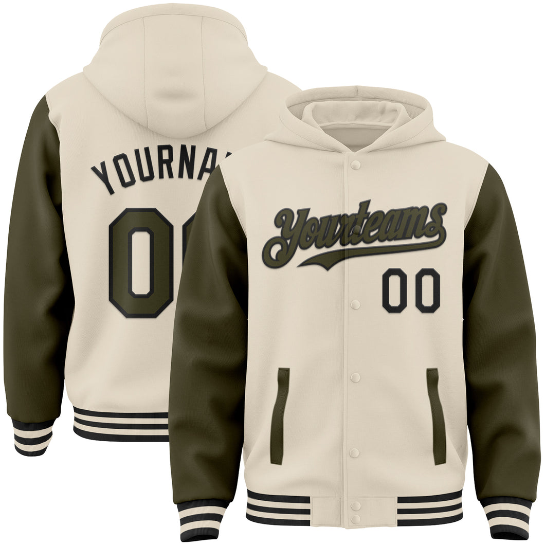 Custom Cream Olive-Black Bomber Full-Snap Varsity Letterman Two Tone Hoodie Jacket