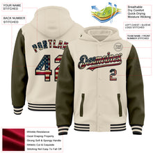 Charger l&#39;image dans la galerie, Custom Cream Vintage USA Flag Olive-Black Bomber Full-Snap Varsity Letterman Two Tone Hoodie Jacket
