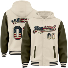 Charger l&#39;image dans la galerie, Custom Cream Vintage USA Flag Olive-Black Bomber Full-Snap Varsity Letterman Two Tone Hoodie Jacket
