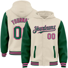 Charger l&#39;image dans la galerie, Custom Cream Kelly Green-Pink Bomber Full-Snap Varsity Letterman Two Tone Hoodie Jacket
