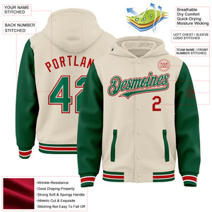 Custom Cream Kelly Green Red-White Bomber Full-Snap Varsity Letterman Two Tone Hoodie Jacket