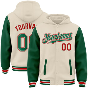 Custom Cream Kelly Green Red-White Bomber Full-Snap Varsity Letterman Two Tone Hoodie Jacket