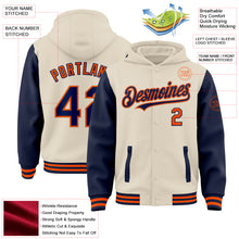 Charger l&#39;image dans la galerie, Custom Cream Navy-Orange Bomber Full-Snap Varsity Letterman Two Tone Hoodie Jacket
