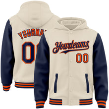 Charger l&#39;image dans la galerie, Custom Cream Navy-Orange Bomber Full-Snap Varsity Letterman Two Tone Hoodie Jacket
