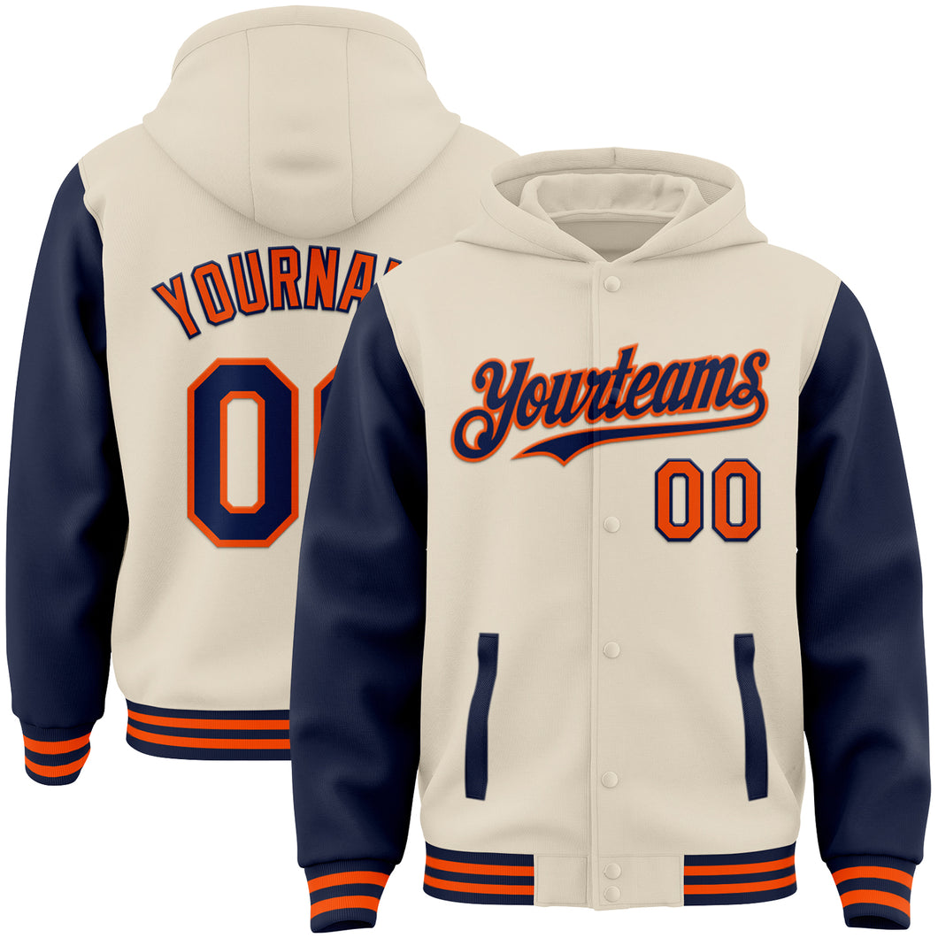 Custom Cream Navy-Orange Bomber Full-Snap Varsity Letterman Two Tone Hoodie Jacket