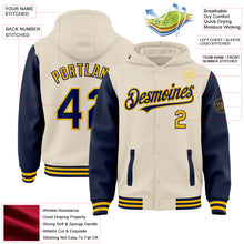 Charger l&#39;image dans la galerie, Custom Cream Navy-Gold Bomber Full-Snap Varsity Letterman Two Tone Hoodie Jacket
