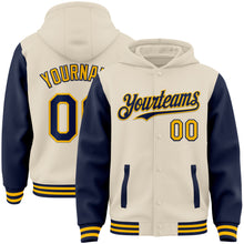 Charger l&#39;image dans la galerie, Custom Cream Navy-Gold Bomber Full-Snap Varsity Letterman Two Tone Hoodie Jacket
