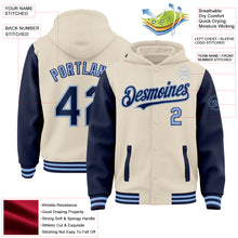 Charger l&#39;image dans la galerie, Custom Cream Navy-Light Blue Bomber Full-Snap Varsity Letterman Two Tone Hoodie Jacket
