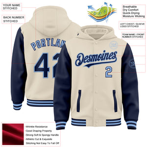 Custom Cream Navy-Light Blue Bomber Full-Snap Varsity Letterman Two Tone Hoodie Jacket