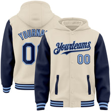 Charger l&#39;image dans la galerie, Custom Cream Navy-Light Blue Bomber Full-Snap Varsity Letterman Two Tone Hoodie Jacket
