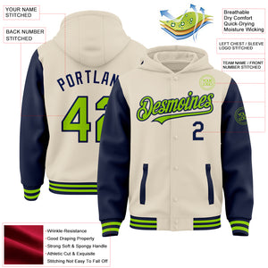 Custom Cream Neon Green-Navy Bomber Full-Snap Varsity Letterman Two Tone Hoodie Jacket