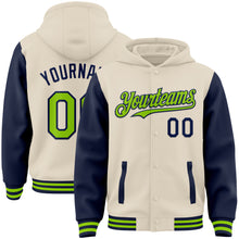 Charger l&#39;image dans la galerie, Custom Cream Neon Green-Navy Bomber Full-Snap Varsity Letterman Two Tone Hoodie Jacket
