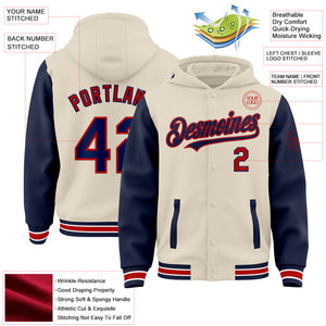 Custom Cream Navy Red-White Bomber Full-Snap Varsity Letterman Two Tone Hoodie Jacket