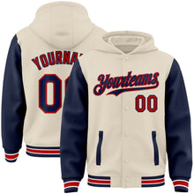 Charger l&#39;image dans la galerie, Custom Cream Navy Red-White Bomber Full-Snap Varsity Letterman Two Tone Hoodie Jacket
