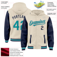 Charger l&#39;image dans la galerie, Custom Cream Teal Navy-Gray Bomber Full-Snap Varsity Letterman Two Tone Hoodie Jacket
