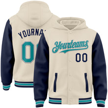 Charger l&#39;image dans la galerie, Custom Cream Teal Navy-Gray Bomber Full-Snap Varsity Letterman Two Tone Hoodie Jacket
