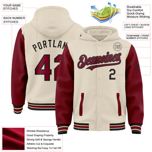 Custom Cream Crimson Black-City Cream Bomber Full-Snap Varsity Letterman Two Tone Hoodie Jacket