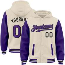 Charger l&#39;image dans la galerie, Custom Cream Purple Black-White Bomber Full-Snap Varsity Letterman Two Tone Hoodie Jacket
