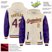 Charger l&#39;image dans la galerie, Custom Cream Purple Gold-White Bomber Full-Snap Varsity Letterman Two Tone Hoodie Jacket
