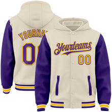 Charger l&#39;image dans la galerie, Custom Cream Purple Gold-White Bomber Full-Snap Varsity Letterman Two Tone Hoodie Jacket
