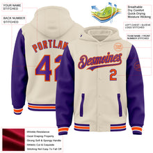 Charger l&#39;image dans la galerie, Custom Cream Purple Orange-White Bomber Full-Snap Varsity Letterman Two Tone Hoodie Jacket
