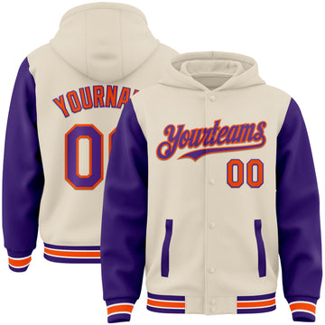 Custom Cream Purple Orange-White Bomber Full-Snap Varsity Letterman Two Tone Hoodie Jacket