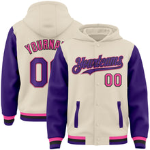 Charger l&#39;image dans la galerie, Custom Cream Purple Black-Pink Bomber Full-Snap Varsity Letterman Two Tone Hoodie Jacket
