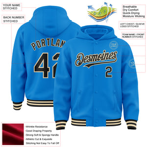 Custom Powder Blue Black-Cream Bomber Full-Snap Varsity Letterman Hoodie Jacket