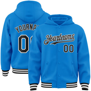 Custom Powder Blue Black-White Bomber Full-Snap Varsity Letterman Hoodie Jacket