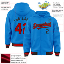 Charger l&#39;image dans la galerie, Custom Powder Blue Red-Black Bomber Full-Snap Varsity Letterman Hoodie Jacket
