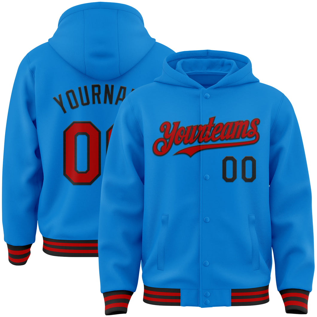 Custom Powder Blue Red-Black Bomber Full-Snap Varsity Letterman Hoodie Jacket