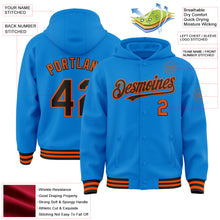 Загрузить изображение в средство просмотра галереи, Custom Powder Blue Black-Orange Bomber Full-Snap Varsity Letterman Hoodie Jacket
