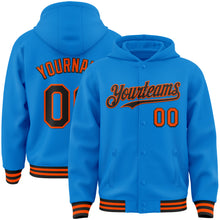 Загрузить изображение в средство просмотра галереи, Custom Powder Blue Black-Orange Bomber Full-Snap Varsity Letterman Hoodie Jacket
