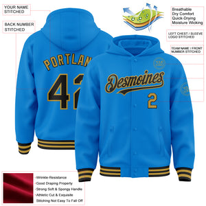 Custom Powder Blue Black-Old Gold Bomber Full-Snap Varsity Letterman Hoodie Jacket