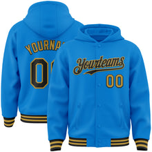 Charger l&#39;image dans la galerie, Custom Powder Blue Black-Old Gold Bomber Full-Snap Varsity Letterman Hoodie Jacket
