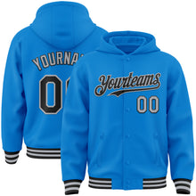 Загрузить изображение в средство просмотра галереи, Custom Powder Blue Black-Gray Bomber Full-Snap Varsity Letterman Hoodie Jacket
