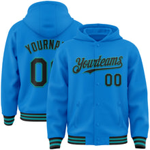 Загрузить изображение в средство просмотра галереи, Custom Powder Blue Black-Teal Bomber Full-Snap Varsity Letterman Hoodie Jacket
