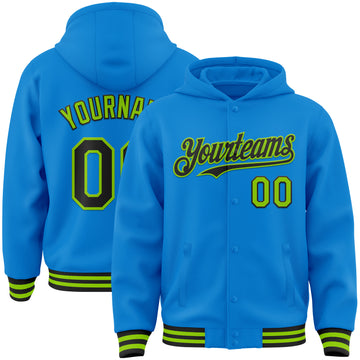 Custom Powder Blue Black-Neon Green Bomber Full-Snap Varsity Letterman Hoodie Jacket