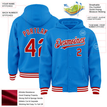 Charger l&#39;image dans la galerie, Custom Powder Blue Red-White Bomber Full-Snap Varsity Letterman Hoodie Jacket
