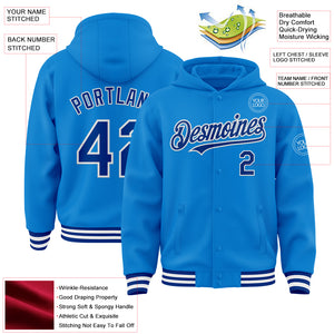 Custom Powder Blue Royal-White Bomber Full-Snap Varsity Letterman Hoodie Jacket