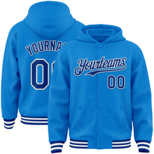 Charger l&#39;image dans la galerie, Custom Powder Blue Royal-White Bomber Full-Snap Varsity Letterman Hoodie Jacket
