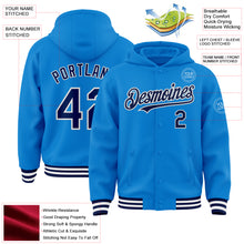 Загрузить изображение в средство просмотра галереи, Custom Powder Blue Navy-White Bomber Full-Snap Varsity Letterman Hoodie Jacket
