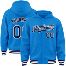 Загрузить изображение в средство просмотра галереи, Custom Powder Blue Navy-White Bomber Full-Snap Varsity Letterman Hoodie Jacket
