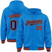 Charger l&#39;image dans la galerie, Custom Powder Blue Navy-Orange Bomber Full-Snap Varsity Letterman Hoodie Jacket
