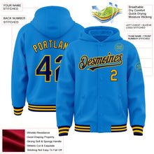 Charger l&#39;image dans la galerie, Custom Powder Blue Navy-Gold Bomber Full-Snap Varsity Letterman Hoodie Jacket
