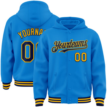 Custom Powder Blue Navy-Gold Bomber Full-Snap Varsity Letterman Hoodie Jacket