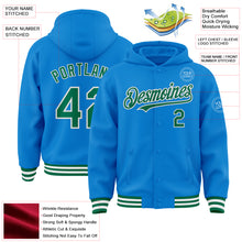 Charger l&#39;image dans la galerie, Custom Powder Blue Kelly Green-White Bomber Full-Snap Varsity Letterman Hoodie Jacket
